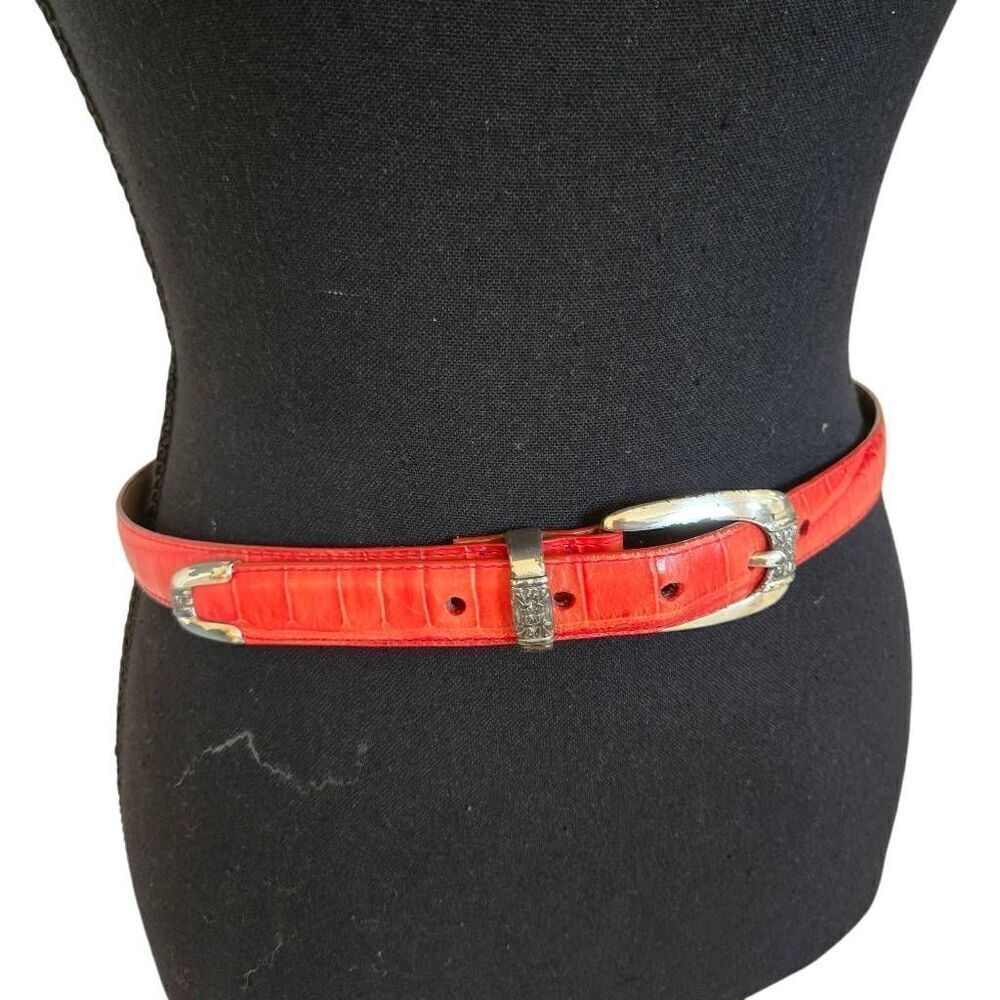 Crocodile Embossed Full Grain Red Leather Belt with Silvertone Buckle Medium